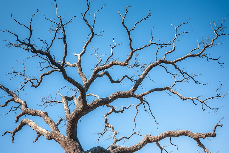 Generate a high-resolution image of a gnarled, leafless tree with twisted branches against a clear blue sky, using a DSLR camera at f/8 aperture, ISO 100, 1/200s shutter speed, taken from a low-angle view with a natural light soft focus effect.