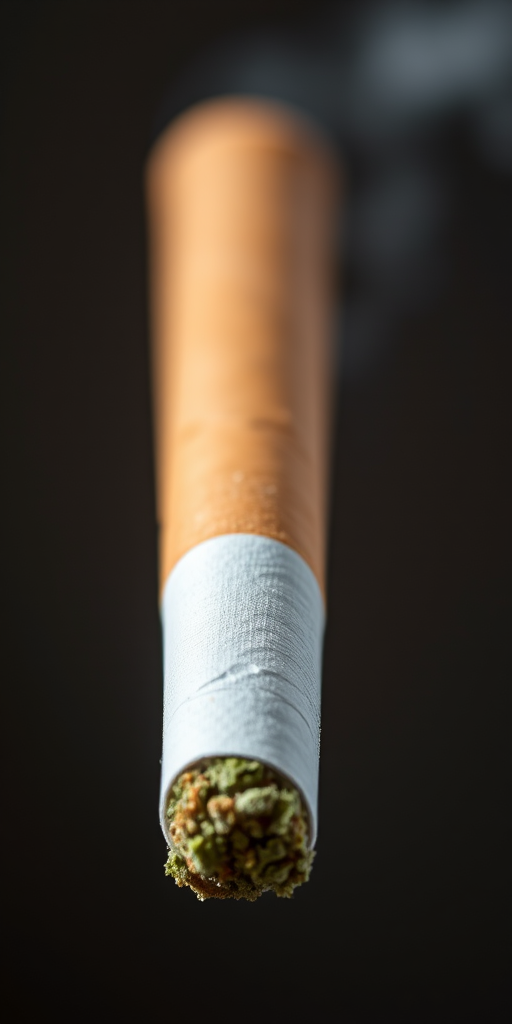 Generate an image of a rolled cigarette with a visible filter and green herbs at the tip, shot with a DSLR camera using a 50mm lens, aperture of f/2.8, ISO 100, and natural lighting from the side.