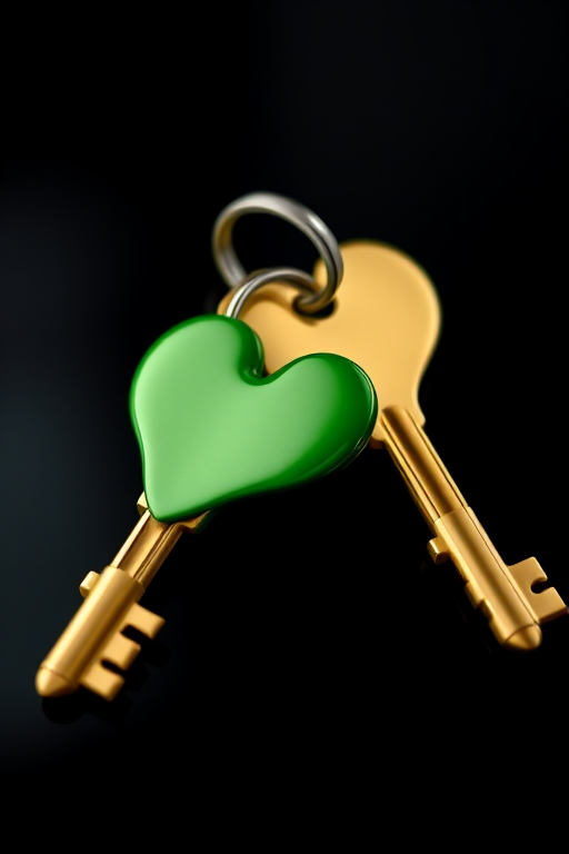 Create a high-resolution image of two heart-shaped keys, one green and one gold, against a black background, with soft lighting, using a DSLR camera with a 50mm lens, aperture f/1.8, ISO 100, and a shallow depth of field to enhance focus on the keys.
