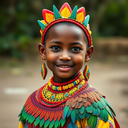 A beautiful Garifuna girl, wearing colorful bird clothing with vibrant colors