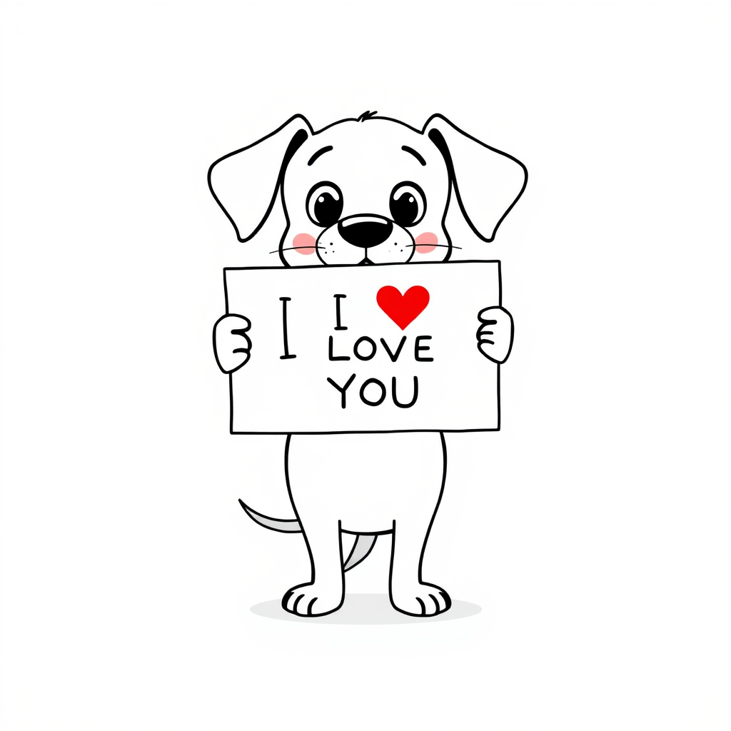 A minimalist cartoon of a PUPPY standing on a blank white background, holding a sign that simply says, 'I LOVE YOU.' The puppy is drawn with just a few lines: big eyes, whiskers, floppy ears, and a straight tail, giving it a comically desperate expression.