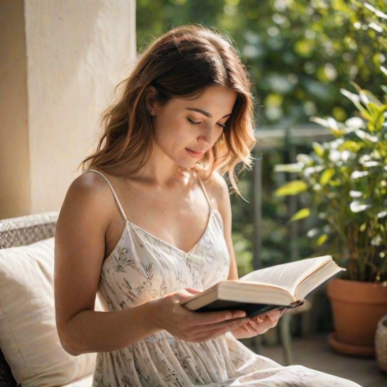 Soft-focus image of a woman reading a book on a sunny terrace, dressed in a light sundress, with plants cascading around her and a gentle breeze rustling the pages.