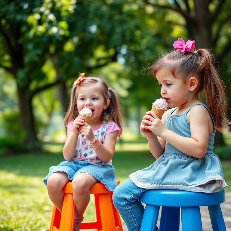 Capture two young girls enjoying ice cream while sitting on colorful stools in a lush green park, using a DSLR camera with a 50mm lens, aperture set to f/2.8 for shallow depth of field, ISO 200 for bright lighting conditions, and a shutter speed of 1/250s to freeze the action, shot from eye level for an intimate perspective.
