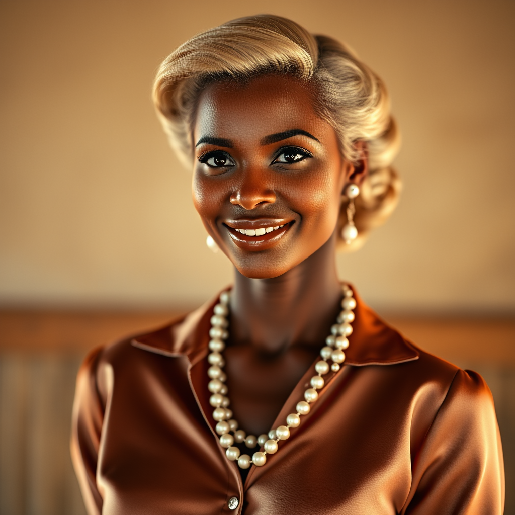 A beautiful Zulu woman reminiscent of 1950s Hollywood glamour, with perfectly styled blonde hair and a seductive smile, dressed in a satin blouse and adorned with pearls, soft and warm tones, photorealistic, 8K