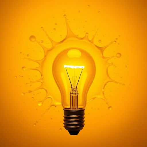 Create a vibrant yellow light bulb graphic with a splash effect in the background, using a DSLR camera with a 50mm lens, aperture set to f/1.8, ISO 100, shutter speed of 1/60s, top-down view, high dynamic range style.