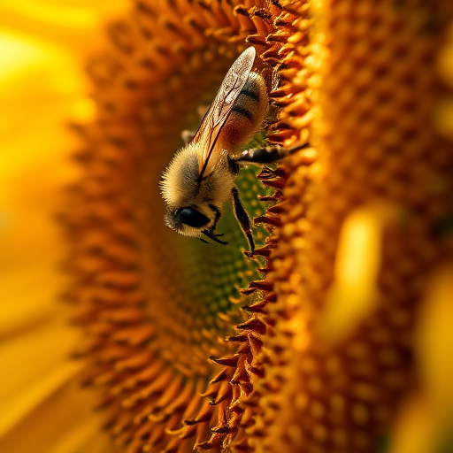Sharp, high-resolution close-up of a bee landing on a sunflower, soft light reflecting off the petals, tiny details of the bee's wings and pollen visible, the smell of fresh flowers lingering in the air, a sense of summer vibrancy captured.