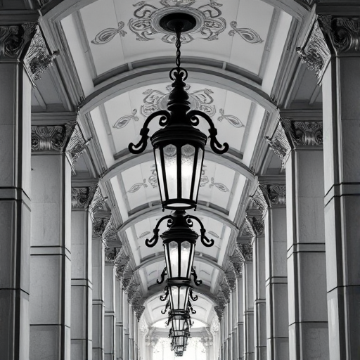 Create a high-resolution black and white image of lined street lamps hanging from a ceiling with ornate architectural columns, using a Canon EOS R5 with a 24mm f/1.4 lens, aperture at f/8, ISO 100, and a focal length of 24mm, taken from a low angle perspective to emphasize depth and symmetry.