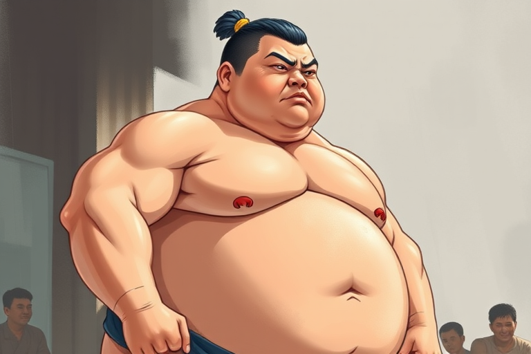 A detailed illustration of a sumo wrestler in a traditional pose, captured with a Canon EOS R5, 50mm lens, f/1.8 aperture, ISO 100, natural lighting, and a slight tilt to emphasize the muscular structure and athleticism of the subject.