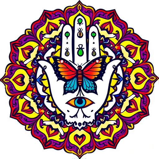 Create a vibrant, intricate mandala design featuring a hand symbol with a butterfly, lotus, and eye motif, use a Canon EOS R5 with a 50mm f/1.2 lens, aperture set to f/2.8, ISO 100, and shoot in natural light from a frontal view to enhance color saturation and detail.
