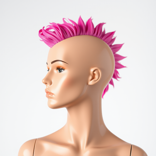 Create a high-resolution vector image of a profile view of a mannequin head with a vibrant pink mohawk hairstyle, using a Canon EOS R5 camera, ISO 100, f/8 aperture, 50mm lens, and soft diffused lighting for enhanced clarity and detail.