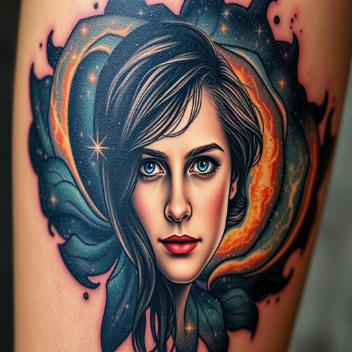 Photorealistic portrait tattoo featuring a loved one's face emerging from a swirling galaxy, incorporating elements of double exposure and surrealism for a breathtaking memorial piece
