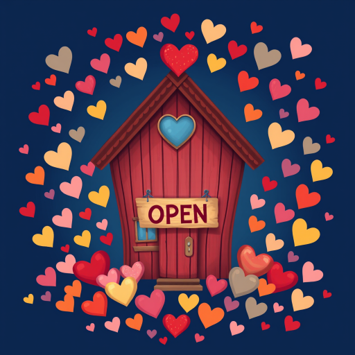 Create an illustration of a heart-shaped house with a sign that says OPEN, surrounded by a multitude of small, colorful hearts on a deep navy blue background, using a Canon EOS R5 camera with a 35mm lens at f/2.8, ISO 100, and a soft-focus style to enhance the vibrancy and depth of the colors.