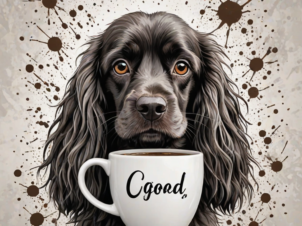 A quirky, artistic illustration of a disheveled field spaniel dog breed with exaggerated, large eyes and spiky fur, holding a coffee mug that reads "Good Morning". The dog has a tired but humorous expression, with ink splatters and abstract details surrounding it, giving a whimsical feel to the image. The color palette is mostly monochrome with hints of black in the eyes and steam rising from the mug, enhancing the overall sleepy vibe