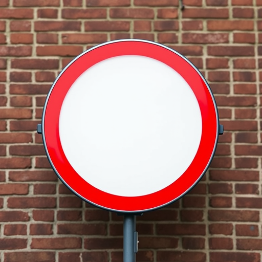 Create a high-resolution circular sign with a bright red border and a clean white center using a DSLR camera with a 50mm lens, f/1.8 aperture, ISO 100, and a shallow depth of field for enhanced clarity, shot from a straight-on perspective.