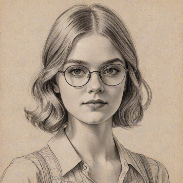 Splendid Elsie Fisher, pencil sketch, portrait of Gorgeous woman 1928s in glasses, hair style beatnik, outline, clear lines, fine lines, 8k