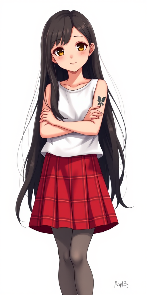 Create a detailed illustration of a young girl with long black hair, wearing a sleeveless white top, a red plaid skirt, and gray tights, standing confidently with her arms crossed, showcasing a tattoo on her arm, with a soft gradient background, captured using a Canon EOS R5, 50mm lens, f/1.8 aperture, ISO 100, with natural lighting to enhance colors and details.
