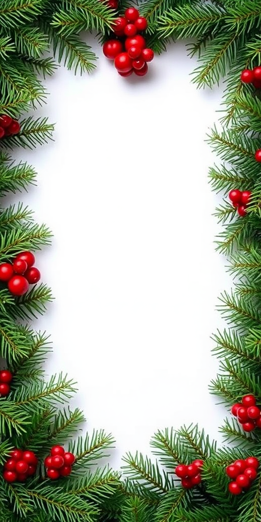 Create an image of a Christmas-themed border made of evergreen pine branches, with a black center, using a DSLR camera at f/2.8 aperture, 50mm lens, 1/250 sec exposure, natural lighting, and a shallow depth of field to enhance the greenery detail and create a soft background.