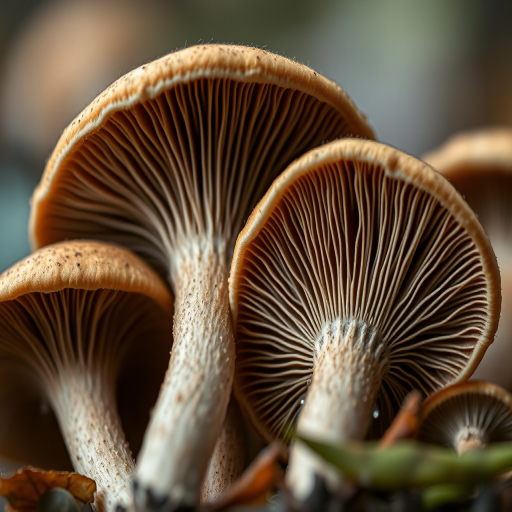 Close-up of mushrooms with detailed gills, shot with a macro lens, aperture f/2.8, shutter speed 1/200s, ISO 100, natural lighting, in a soft focus background, using a DSLR camera.