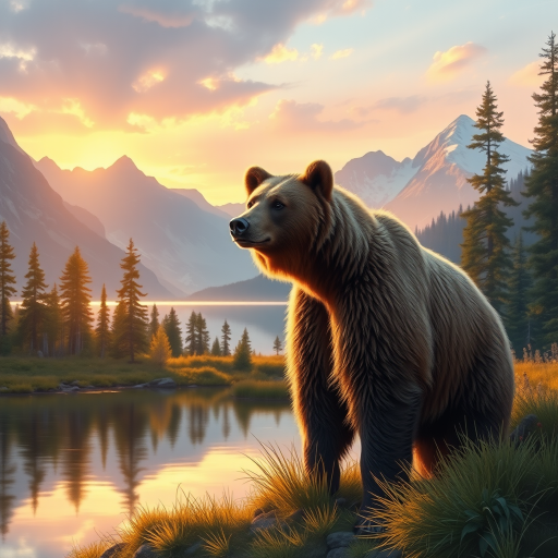Create a vibrant painting of a brown bear standing near a serene lake surrounded by pine trees and mountains in the background at sunrise, with soft, warm lighting, using a Canon EOS R5, 50mm lens, f/1.8 aperture, ISO 100, and a slightly higher saturation to enhance colors.