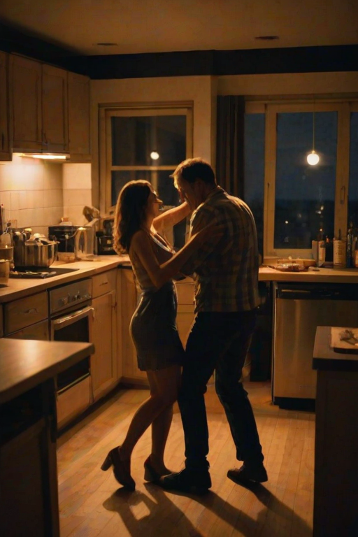 Warm, intimate image of a couple dancing in the kitchen at midnight, soft glow from overhead lights casting warm shadows, with the smell of fresh bread lingering in the air.