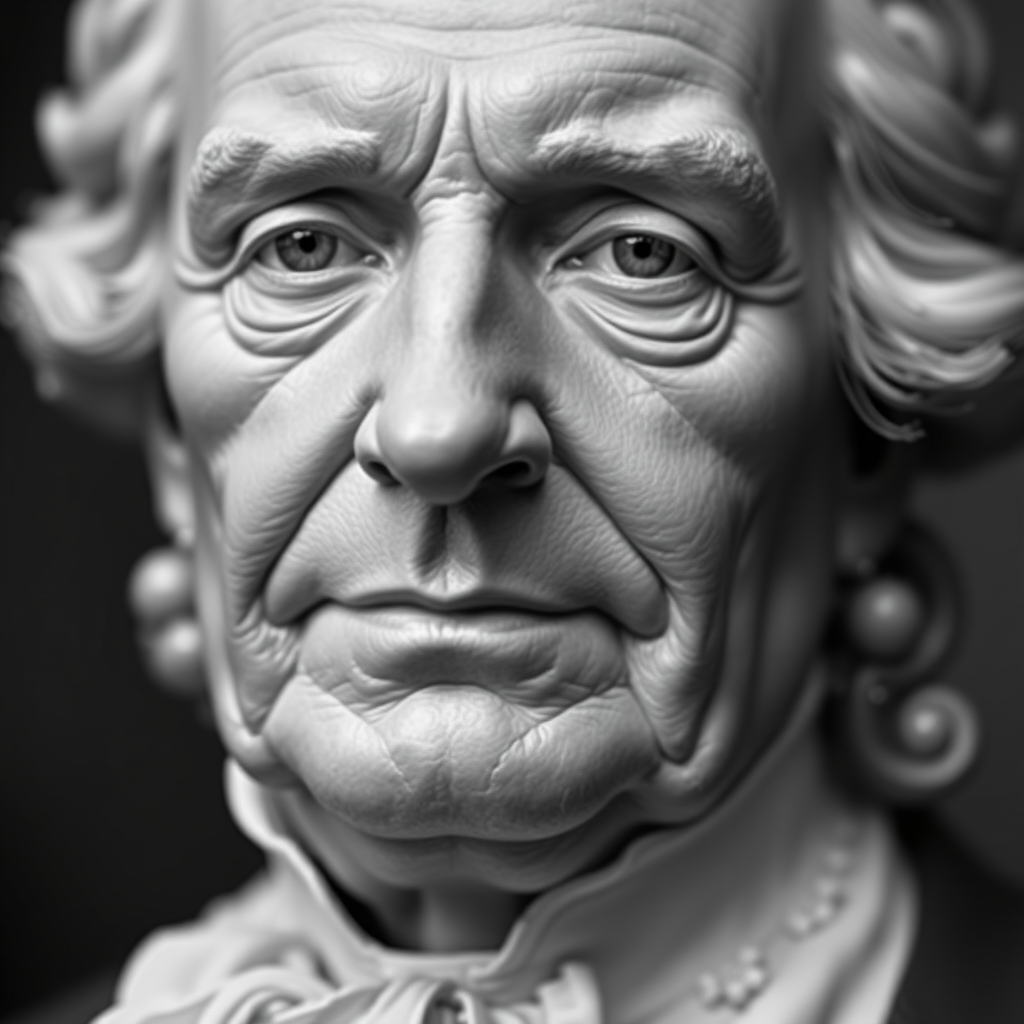 A detailed portrait of a historical figure with a serene expression, high contrast black and white, taken with a DSLR camera, 50mm lens, f/1.8 aperture, ISO 100, shallow depth of field, soft lighting to enhance facial features.