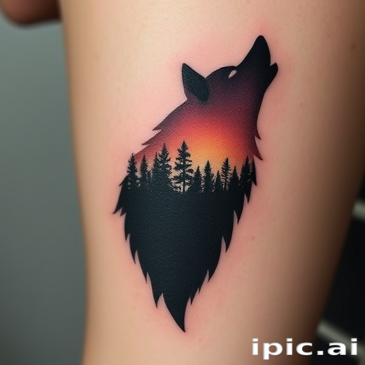 Negative space tattoo "Ethereal Silhouette" utilizing the skin's natural tone to create a subtle yet striking image of a forest landscape within the outline of a wolf's profile