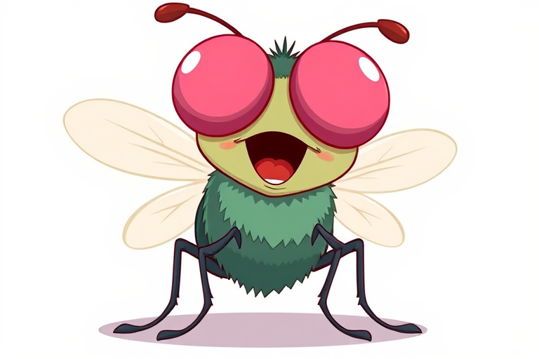 Create a vibrant cartoon illustration of a relaxed cartoon fly with oversized pink eyes and a playful pose, set against a simple background, using a DSLR camera at f/4.0 aperture, 50mm lens, 1/200 sec shutter speed, ISO 100, natural lighting for enhanced clarity and detail.