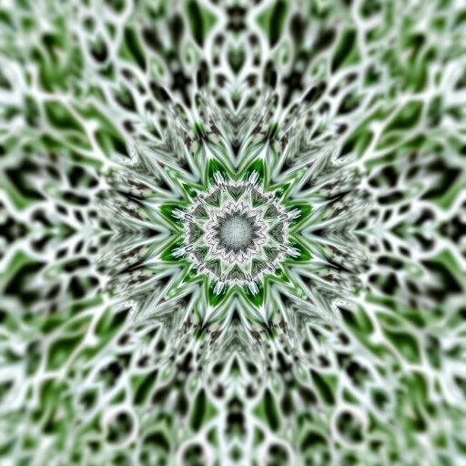 Create a high-resolution abstract fractal image with intricate white and green patterns, using a DSLR camera with a 50mm lens, aperture f/8, ISO 100, and a soft focus effect to enhance texture and depth.