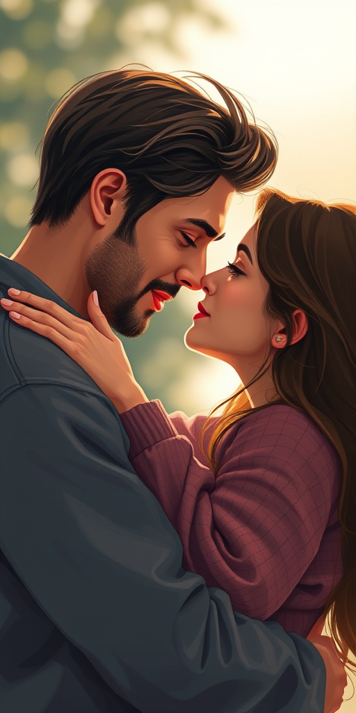 Generate a detailed digital illustration of two people in an intimate embrace, captured with a Canon EOS R5 camera, 50mm lens, f/1.8 aperture, 1/200 sec shutter speed, natural soft lighting, with a shallow depth of field and a warm color palette, focusing on their expressions and the delicate details of their hair and clothing.