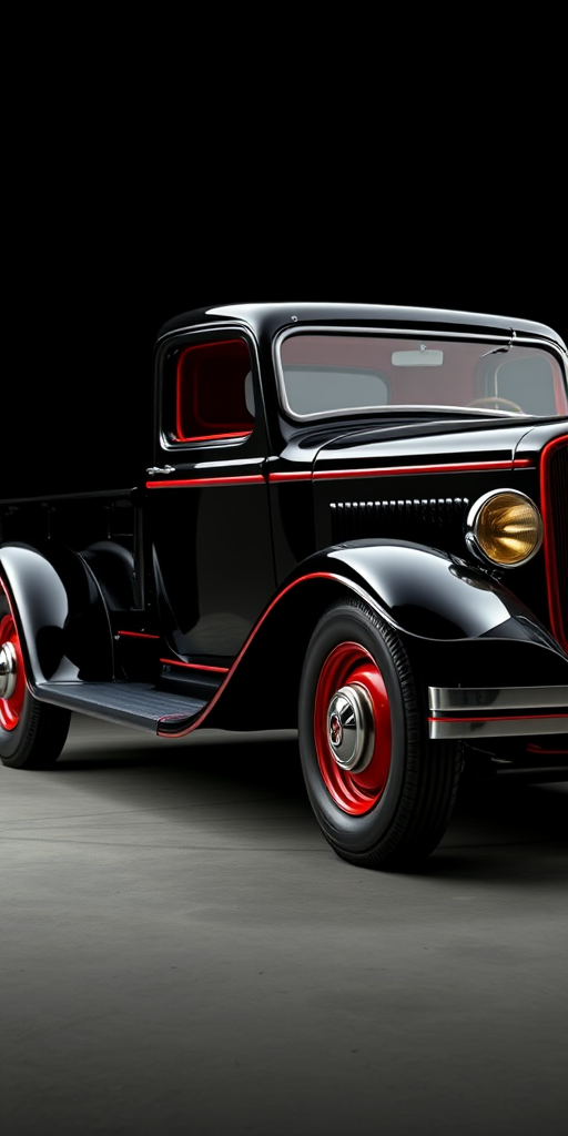 A classic 1934 black pickup truck with red accents in a dynamic angle, shot with a DSLR camera at f/2.8, ISO 100, 1/250 sec, in soft natural lighting against a simple black background to enhance details and colors, using a wide-angle lens for dramatic effect.