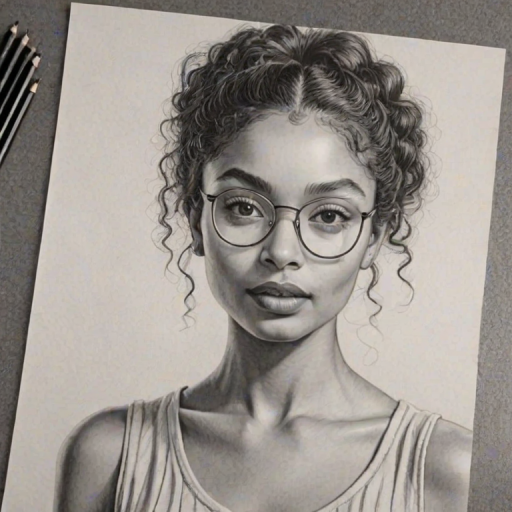 Radiant Yara Shahidi, pencil sketch, portrait of Exquisite woman 1931s in glasses, hair style beatnik, outline, clear lines, fine lines, 8k