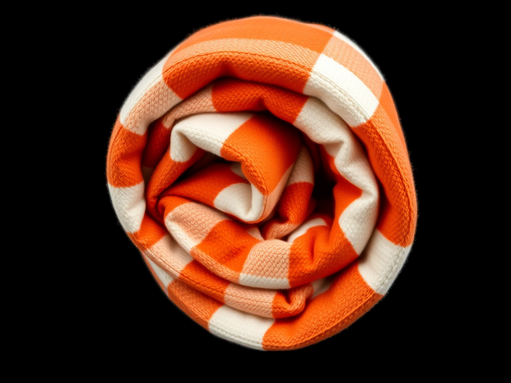Create a high-resolution illustration of a rolled-up orange and white checkered blanket on a black background, using a DSLR camera with a 50mm lens, f/2.8 aperture, ISO 100, and soft natural lighting for enhanced detail and texture.