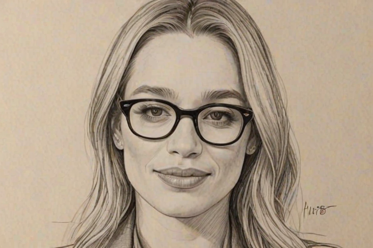 Magnificent Piper Perabo, pencil sketch, portrait of Alluring woman 1975s in glasses, hair style beatnik, outline, clear lines, fine lines, 8k