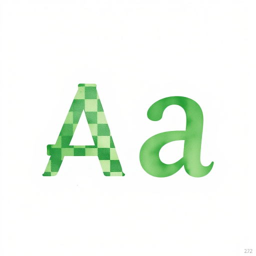 Create a high-resolution image of the letters "A" and "a" in green watercolor and checkered patterns set against a white background, captured with a DSLR camera at f/2.8 aperture, 50mm lens, ISO 100, with a shallow depth of field and natural daylight to enhance colors.