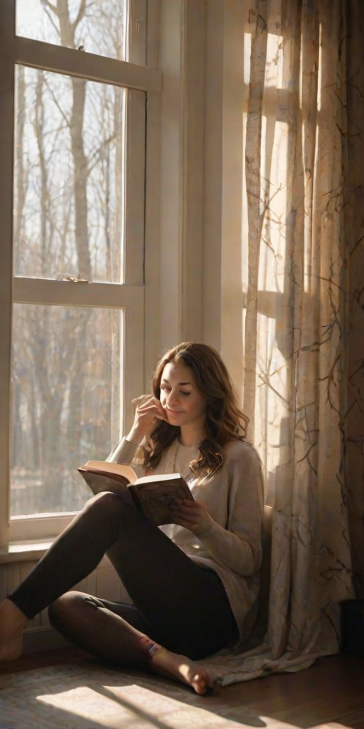 Softly lit, warm morning image of a woman sipping coffee by a window, sunlight streaming through sheer curtains, a book resting on the table beside her, shadows of tree branches dancing on the floor, soft smile on her face as she watches the world wake up outside.