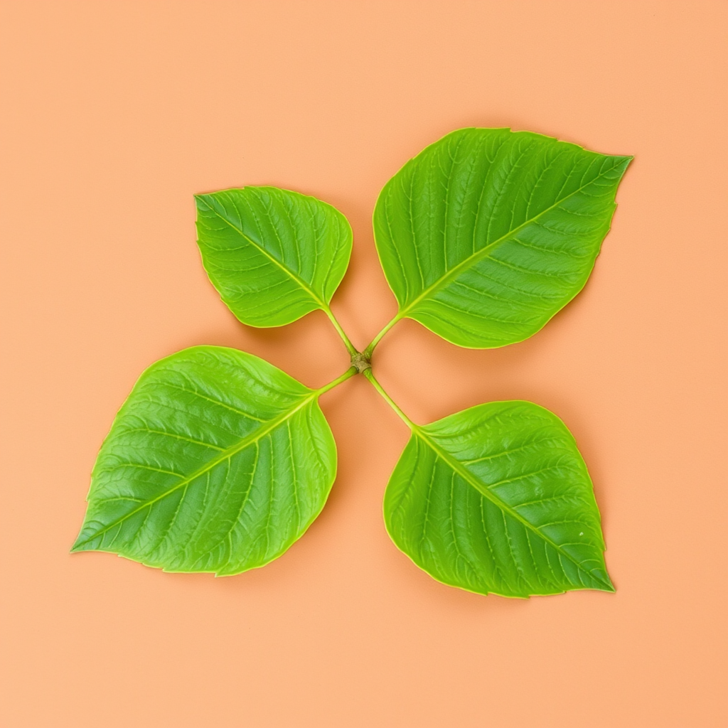 Create a high-quality image of three green leaves on a brown background, captured with a DSLR camera, using a 50mm lens, aperture f/2.8, ISO 100, and a soft focus style, top-down view.