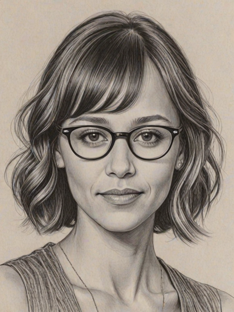 Attractive Rashida Jones, pencil sketch, portrait of Beauteous woman 1923s in glasses, hair style beatnik, outline, clear lines, fine lines, 8k