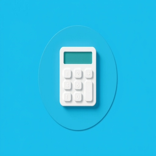 Create an illustration of a white calculator icon on a solid blue circular background, minimalistic design, high resolution 300dpi, shot with a Canon EOS R5, focal length 50mm, aperture f/2.8, natural lighting, top-down view, digitally enhanced for clarity and vibrancy.