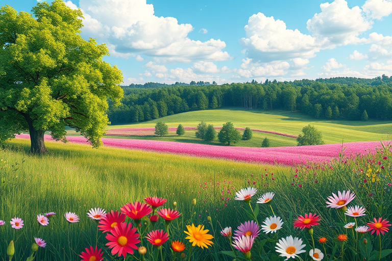 regenerate an illustration of a vibrant landscape with a lush green tree on the left, wildflowers in various colors in the foreground, a clear blue sky with soft clouds, and distant trees in the background, use a digital painting style, shot from a low angle to emphasize the foreground details, with a focus on vivid colors and sharpness, 35mm focal length, f/8 aperture, natural lighting.