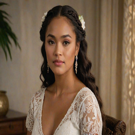 Create a portrait of a refined and elegant Samoan woman seated in a sophisticated setting. She has long, wavy hair styled in two thick braids that are pulled over her shoulders. She wears a white, lace gown with intricate patterns, featuring a deep V-neckline and short sleeves. The dress exudes a vintage charm with its delicate lacework. She is adorned with ornate, dangling earrings that add a touch of glamour to her appearance. The background is softly lit, with warm, ambient lighting that creates a cozy and inviting atmosphere. Her expression is poised and serene, capturing a sense of grace and elegance.