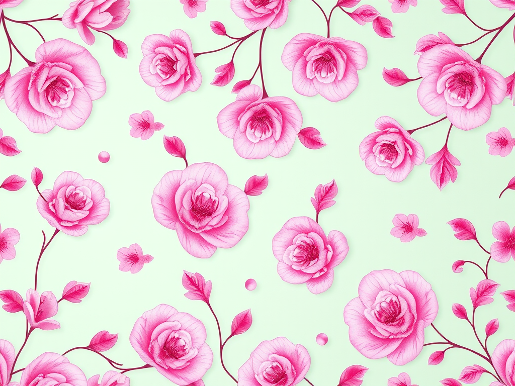 create a seamless floral pattern with pink swirls on a light mint background, using a Canon EOS 5D Mark IV, 50mm lens, f/2.8 aperture, ISO 100, soft lighting, and a top-down view to enhance detail and color vibrancy.