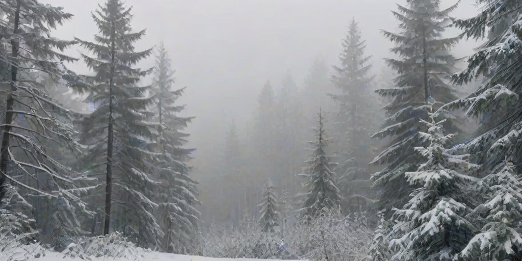 a wintry forest landscape covered in snow with mist rolling through the trees, showcasing a mix of evergreens and bare branches under a soft, foggy atmosphere