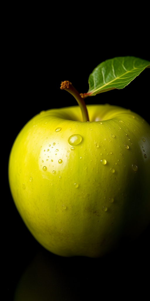 Capture a vividly detailed green apple on a dark background, with droplets of water glistening, using a Canon EOS 5D Mark IV, 50mm lens, f/2.8 aperture, ISO 100, 1/125 sec, softbox lighting for a polished and vibrant appearance.