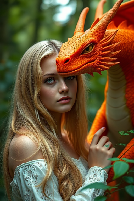 Create an enchanting portrait of a young woman with long blonde hair, gazing serenely next to a vibrant orange dragon, set in a lush, magical forest background, using a Canon EOS R5, 85mm f/1.2 lens, aperture at f/1.2, ISO 100, with soft natural lighting and a shallow depth of field for a dreamy effect.