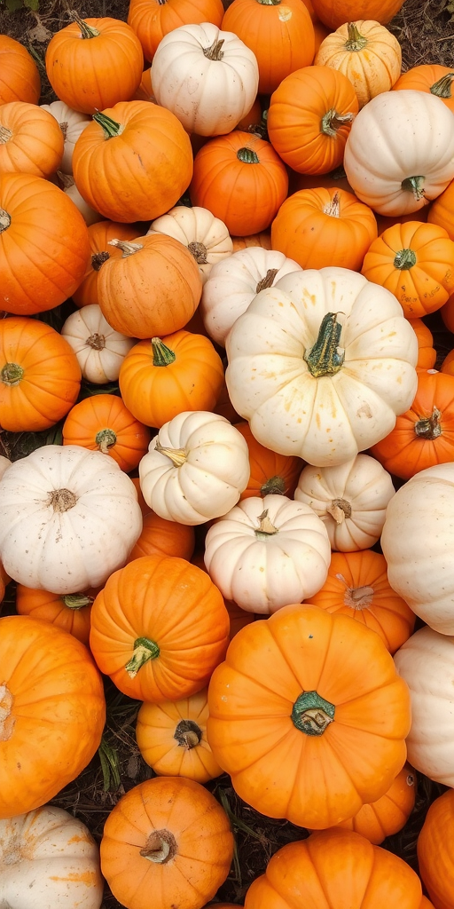 A collection of various pumpkins in shades of orange and white scattered on the ground with some green stems visible among them in a natural setting.