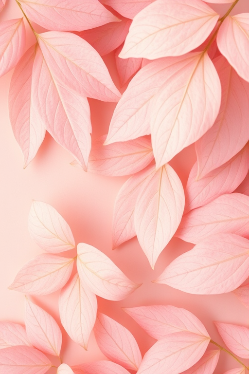 Create a high-resolution image of stylized leaves in soft pastel shades of pink and beige, with enhanced details; DSLR camera settings: ISO 100, f/4, 1/200 sec; overhead view, minimalistic style, vibrant colors.