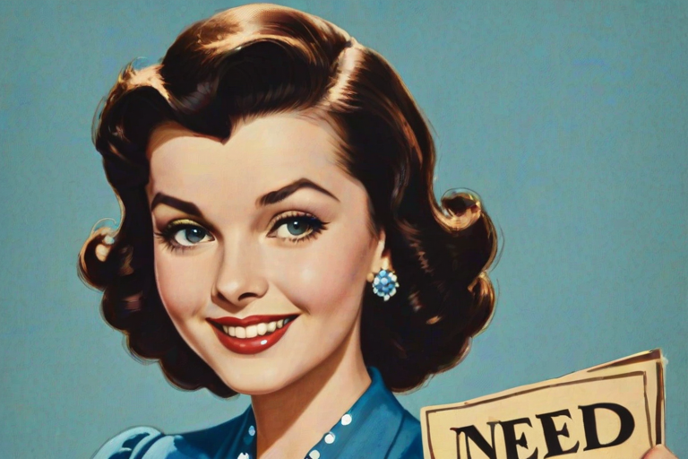caricature of a smiling Vivien Leigh in a Cerulean dress or suit, holding up a sign that says "NEED A JOB", no watermark,
