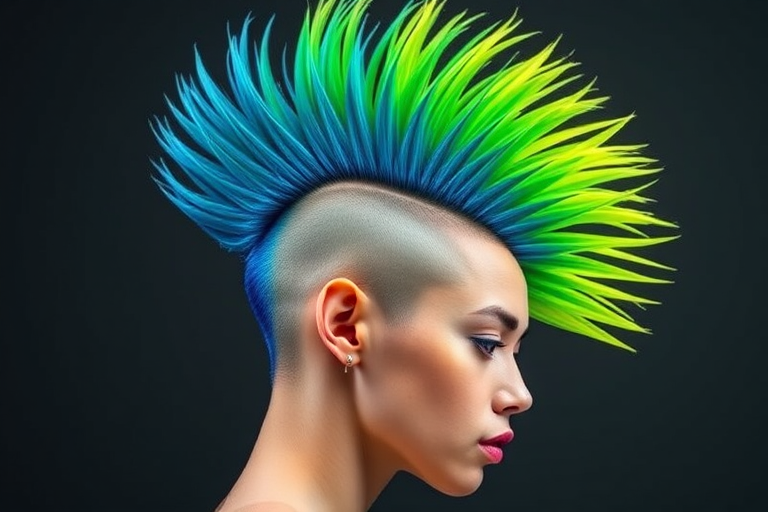 Electric blue mohawk fades into neon green tips, styled in a gravity-defying vertical formation resembling a vibrant tropical bird's plumage, radiating energy and rebellion.