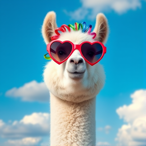 Create a high-resolution image of a whimsical alpaca with colorful curling rollers in its fur, wearing oversized heart-shaped sunglasses, against a bright blue sky with fluffy white clouds, using a DSLR camera with a 50mm lens, f/1.8 aperture, ISO 100, and vibrant color profile for enhanced image quality.