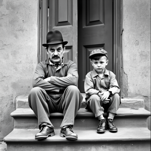 A black-and-white photograph of a man and a child sitting on steps in front of a doorway. The man is dressed as a tramp with a bowler hat, mustache, and ragged clothes, reminiscent of Charlie Chaplin's iconic look. He is sitting with his arms crossed and an expression of slight sadness or frustration. Next to him is a young boy, also in worn clothes and a cap, sitting with his hands clasped, looking thoughtful. The background is an old, textured wall and a partially open door, creating a vintage, early 20th-century atmosphere.